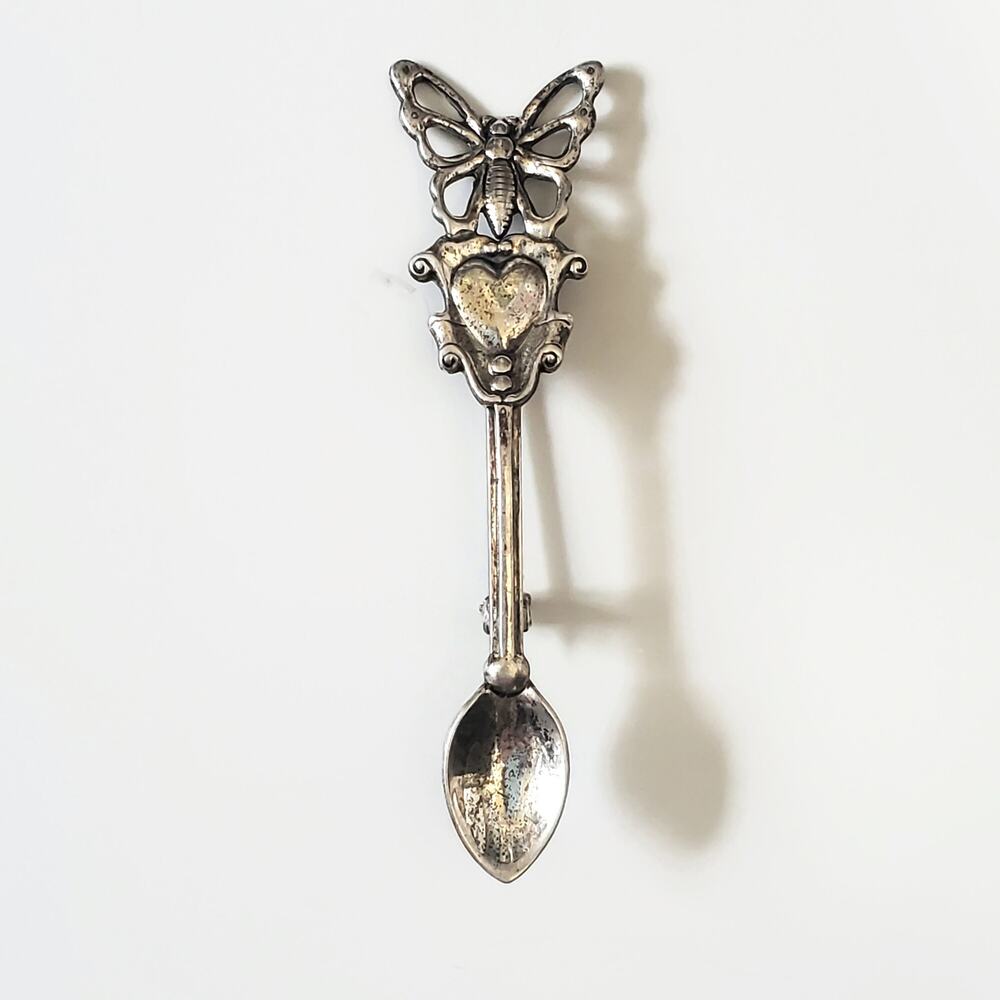 Vintage Sterling Silver Heart Butterfly Spoon Pin Brooch